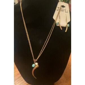 Gold Tone Pendant Necklace & Earrings Jewelry Set w/ Turquoise Stone